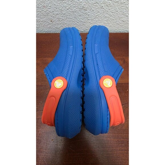 Crocs Kids Blue Clogs Blue Orange Strap & Green Fleece Lining Size j 1 - Picture 5 of 6